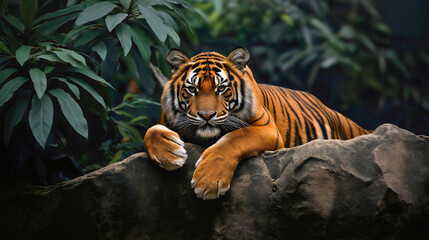 Wall Mural - striped orange bengal tiger lying on rock in safari jungle wildlife nature. wild cat predator animal