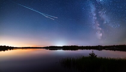 Canvas Print - starry night sky meteor shower reflecting tranquil lagoon twinkling stars shooting reflection calm serene peaceful water nightfall celestial