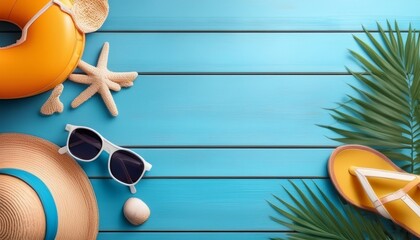 Sticker - minimal summer banner with summer essentials on a vibrant wooden background empty copy space for design