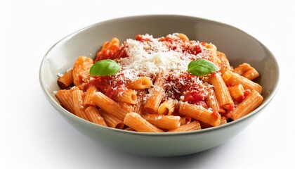 Wall Mural - bowl of freshly made pasta with rich tomato sauce and parmesan cheese on a white background