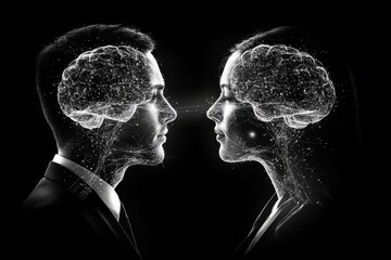 Wall Mural - Monochrome side profiles of a man and woman with visible brain structures symbolizing a balanced exchange of thoughts and the intellectual harmony between two individuals