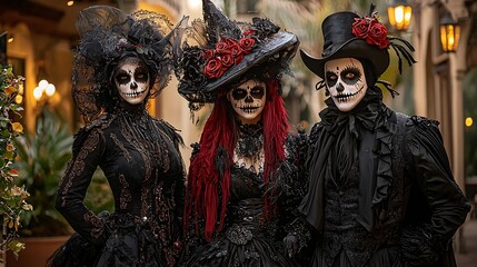 Three people dressed in striking black and red Day of the Dead costumes.