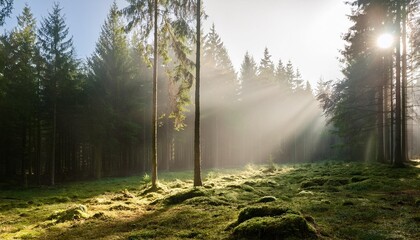 Canvas Print - spruce tree forest sunbeams through fog illuminating moss covered forest floor creating a mystic atmosphere