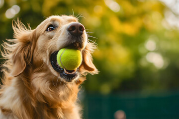 Happy joyful golden retriever dog running jumping playing with tennis ball in nature outdoors. Funny playful domestic pet animal outside, fetch motion, happiness, activity, adorable canine