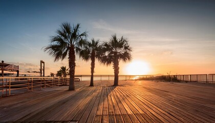 Wall Mural - palm trees on boardwalk at sunrise