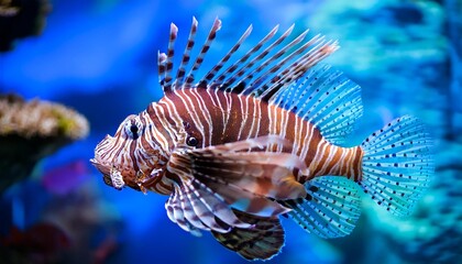 close up of a lionfish swimming in an aquarium