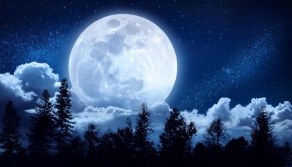 a painting of a full moon in the night sky with clouds and trees in the foreground and a dark blue s