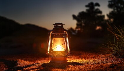 a camping lantern casting a warm glow at night