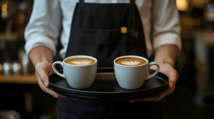 Waiter holding tray with two coffee cups or mugs. Restaurant or cafe professional occupation or job service, barista in apron uniform, drink order catering for client, worker serving beverage