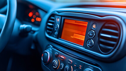 Closeup of car automobile interior with multimedia display screen and radio. Navigation system electronic technology dashboard for transportation and travel, modern drive device, digital smart control