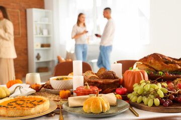 Sticker - Festive table setting with tasty food for Thanksgiving Day in room, closeup