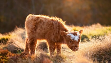 Wall Mural - a fluffy highland calf curiously explores its bright surroundings