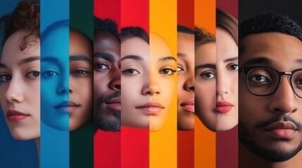 Aufkleber - Vibrant faces separated by barriers showcase diversity, emphasizing societal divisions and the beauty of individual differences. Generative AI