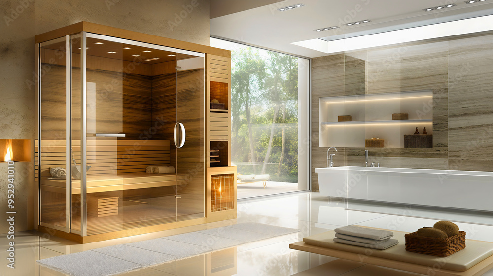 Luxury bathroom interior with modern sauna and spa features, designed ...