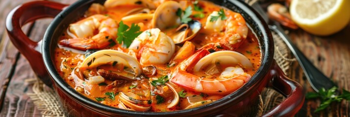 Wall Mural - Classic seafood and cream stew baked traditionally.