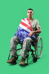 Poster - Young soldier in wheelchair with USA flag on green background. Veterans Day celebration