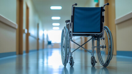 Nobody in empty wheelchair in a hospital corridor, symbolizing medical clinic care, recovery, and mobility help assistance, copy space, emphasizing accessibility and support in a healthcare setting