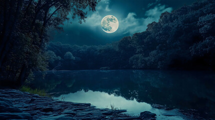 Wall Mural - moonlight lake river water reflection, beautiful night scene with a full moon shining bright in dark