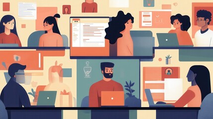 Poster - People engage in teamwork at their desks, focused on tasks with laptops in a vibrant, collaborative environment. Generative AI