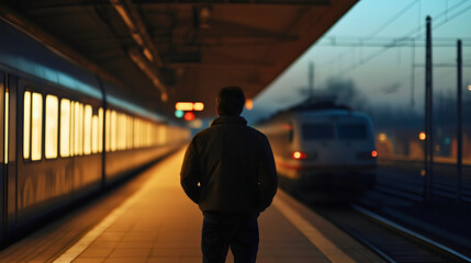 Train station at night, man waiting alone on the platform, a solitary passenger in the urban cityscape, reflecting the lifestyle of modern transportation and tourist travel