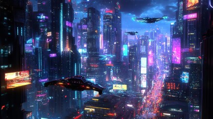 Wall Mural - Spectacular nighttime in cyberpunk city of the futuristic fantasy world features skyscrapers, flying cars, and neon lights. Digital art 3D illustration. Acrylic painting.