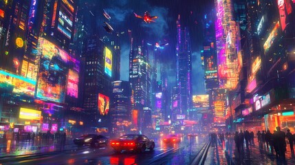 Spectacular nighttime in cyberpunk city of the futuristic fantasy world features skyscrapers, flying cars, and neon lights. Digital art 3D illustration. Acrylic painting.