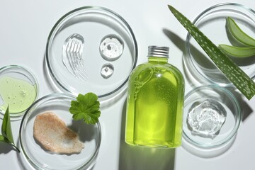 Wall Mural - Petri dishes with different cosmetic products and aloe vera leaves on white background, flat lay