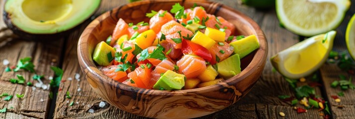 Poster - Salmon Ceviche featuring Lemon, Mango, and Avocado on a wooden surface