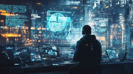 Depict a skilled cyberpunk hacker in a futuristic setting, surrounded by holographic interfaces, intricate code, and virtual reality elements