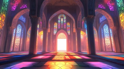 Sunbeams Illuminating a Hallway with Stained Glass Windows