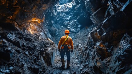 Wall Mural - Mine engineer performing a rock stability test in a narrow underground tunnel, surrounded by dark rock walls