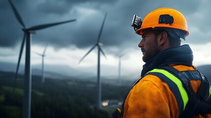 Skilled Engineer Maintaining Wind Turbine Nacelle in Rugged Outdoor Setting