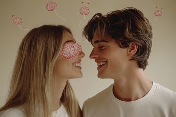 Poster - A young couple smiling at each other with pink and blue brain elements symbolizing the joy of shared thoughts the playfulness of ideas and the harmony in intellectual connection