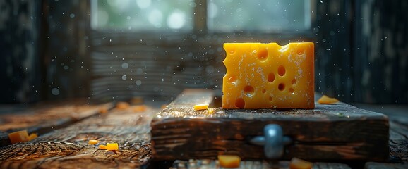 Close-up of a block of Swiss cheese on a wooden cutting board.