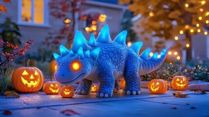 Stegosaurus costume with glowing eyes, walking down a Halloween-lit street, 3D illustration