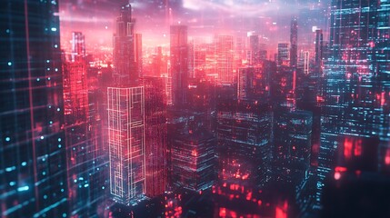 Poster - Neon-Lit Cityscape with Geometric Grids