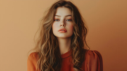 Beauty of a young woman in a chic portrait, showcasing her natural confidence with wavy hair and soft lighting, elegance and modern fashion against a warm toned background