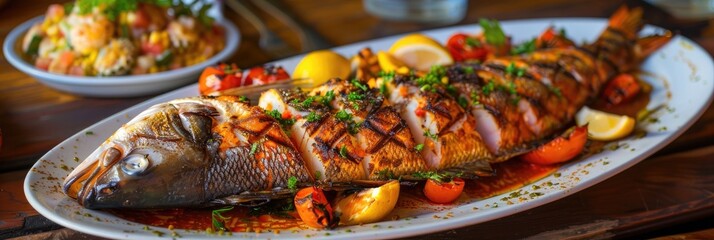 Wall Mural - Grilled Fish Platter Featuring a Variety of Atlantic Seafood Served in a Restaurant