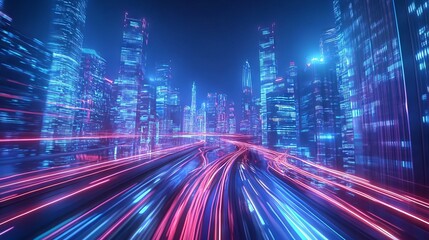 Speed light trails path through smart modern mega city and skyscrapers town with neon futuristic technology background, future virtual reality, motion effect, high speed light