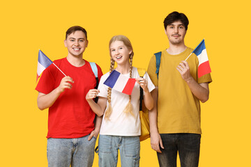 Canvas Print - Group of students with French flags on yellow background