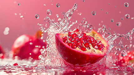 Delicious splash of pomegranate juice in drop motion, a vibrant red fruit drink that flows with fresh, healthy liquid, perfect for a refreshing summer beverage rich in antioxidants