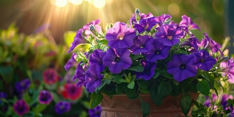 Poster - Deep purple petunias cascading from a clay pot their velvety blooms of twilight contrasting with lush green leaves creating a vibrant burst of color in the sunlight