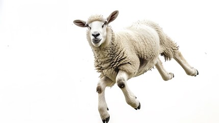 A joyful sheep leaping in mid-air against a bright white background.