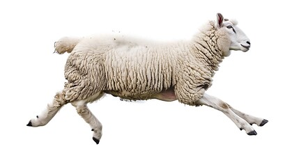 A white sheep with a fluffy coat is leaping gracefully against a white background.