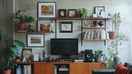 A modern wall shelf unit with an assortment of framed pictures, plants, and sculptures in a sleek living room