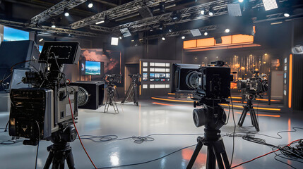 Breaking news from the television TV studio, where modern media meets live broadcasting, featuring a newscaster and camera equipment in a professional room for a dynamic show