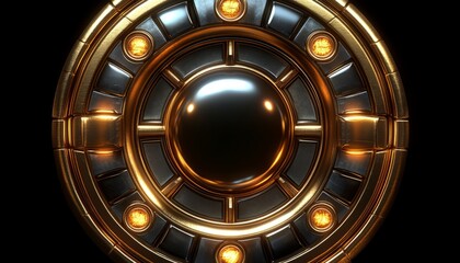 Circular Gold and Black Metallic Panel with Glowing Lights