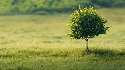 lonely small green tree plant standing alone in a vast field with a natural background, emphasizing 