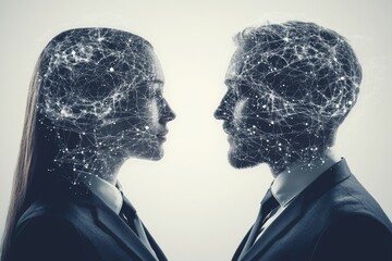 Sticker - Two Silhouetted Business Figures Facing Each Other with Abstract Neural Patterns Symbolizing Corporate Communication Leadership and Strategic Thinking