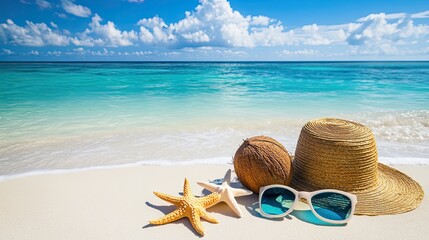 A serene beach scene featuring sunglasses, a straw hat, and starfish on sandy shores.